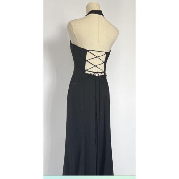 Vintage Morgan & Co. Formal Maxi Dress Black Halter Pink Floral Embroidery  7/8 - Picture 5 of 16